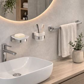 Gedy Set 3 Accessori a Muro in Vetro Satinato e Acciaio Inox Cromato Linea Tonga