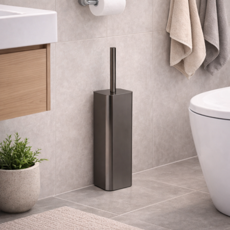 Gedy Porta Scopino in Acciaio Inox Gun Metal e Ciuffo in Setole Linea Tonga