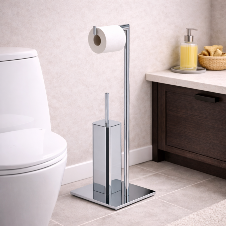 Gedy Piantana Portarotolo e Portascopinoin Acciaio Inox Cromato Linea Felix