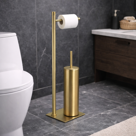 Gedy Piantana Portarotolo e Scopino in Acciaio Inox Oro Spazzolato Linea Trilly
