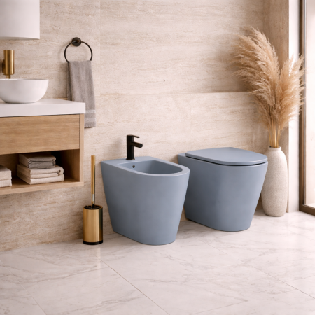 Azzurra Ceramica Coppia Sanitari WC da Terra e Bidet Collezione Forma Ceramica Blu Royal con Sedile Incluso