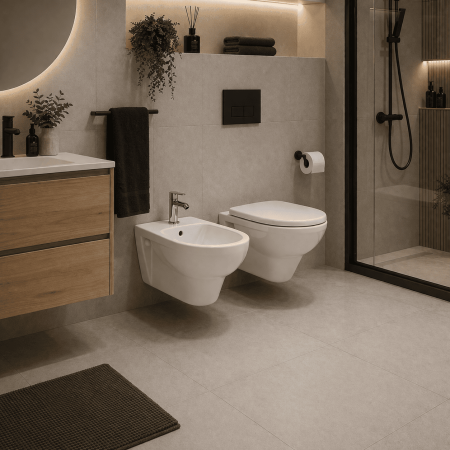RAK Ceramics Coppia Sanitari Vaso e Bidet Sospeso Karla Colore Bianco con Sedile Incluso