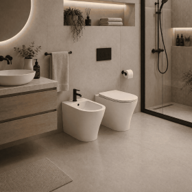 RAK Ceramics Coppia Sanitari Vaso e Bidet a Pavimento Filomuro Morning Colore Bianco con Sedile Incluso