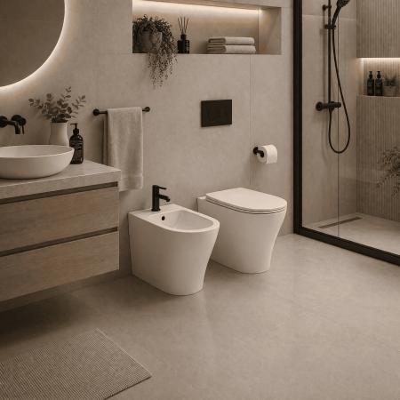 RAK Ceramics Coppia Sanitari Vaso e Bidet a Pavimento Filomuro Morning Colore Bianco con Sedile Incluso