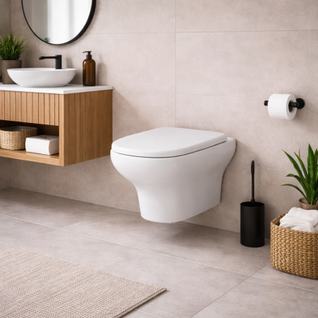 RAK Ceramics Vaso WC Sospeso Compact In Ceramica Bainca Attacco 180 con Scarico a Parete e Sedile Incluso