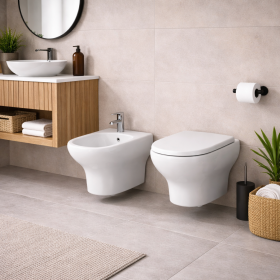 RAK Ceramics Coppia Sanitari Vaso WC e Bidet Sospesi Filomuro Compact Colore Bianco con Sedile Incluso