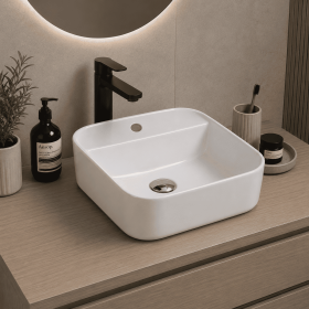 Oceano Lavabo Monoforo da Appoggio 50x40x14 in Ceramica Bianca Lucido