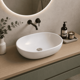 Oceano Lavabo Ovale da Appoggio 59,5x42x14 in Ceramica Bianca Lucido