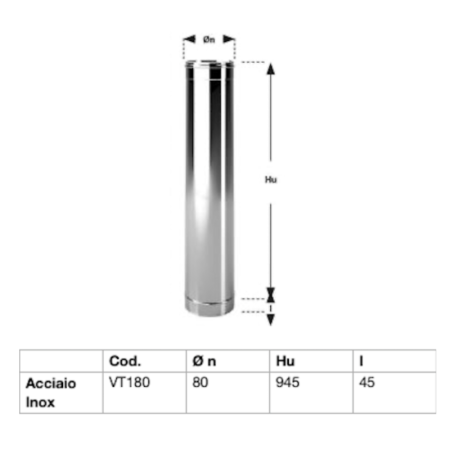 Tubo Canna Fumaria In Acciaio Inox Aisi 304 BA Spessore 0,44 mm. 1 Metro. Ø80