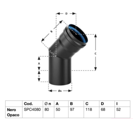 Curva nero opaco per stufa a pellet in acciaio spessore 1,2 mm. 45° Ø80 Conf. 5 pezzi